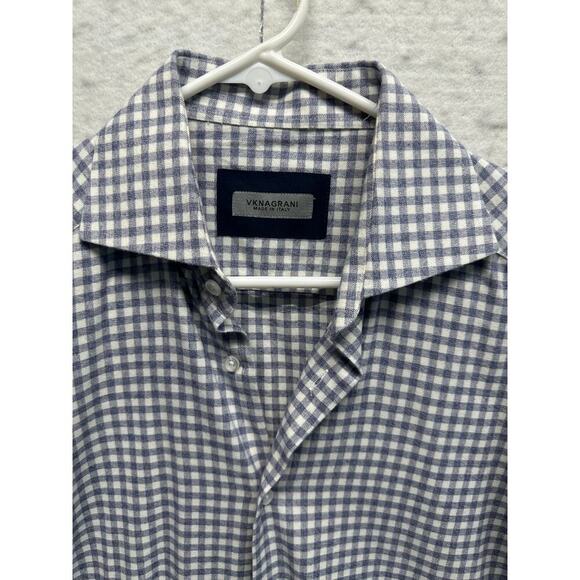 VK Nagrani Men Flannel Shirt Made in Italy Blue Cream Check Small - Picture 4 of 12